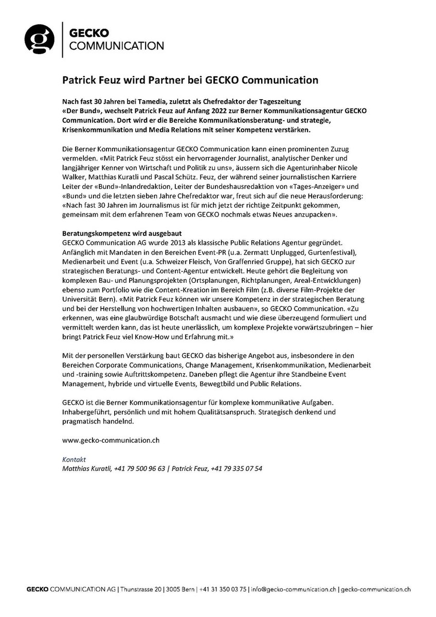 So lange für <a href="/derbund/">Der Bund</a>.ch zu schreiben, war ein Privileg. Nun freue ich mich auf meine neue Aufgabe.
patrickfeuz.ch
gecko-communication.ch