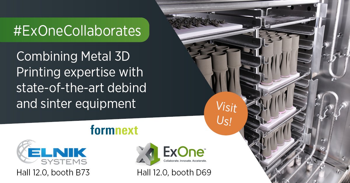 ExOneCo's tweet photo. We work w/Elnik to combine #Metal3DPrinting expertise w/state-of-the-art debind &amp; sinter equipment to improve sintering profiles. Visit us in hall 12.0, booth D69 at #formnext2021 &amp; Elnik in Booth B73 to learn about the standardization of 3D printed parts!  #ExOneCollaborates https://t.co/WE7Q5s1Tj5