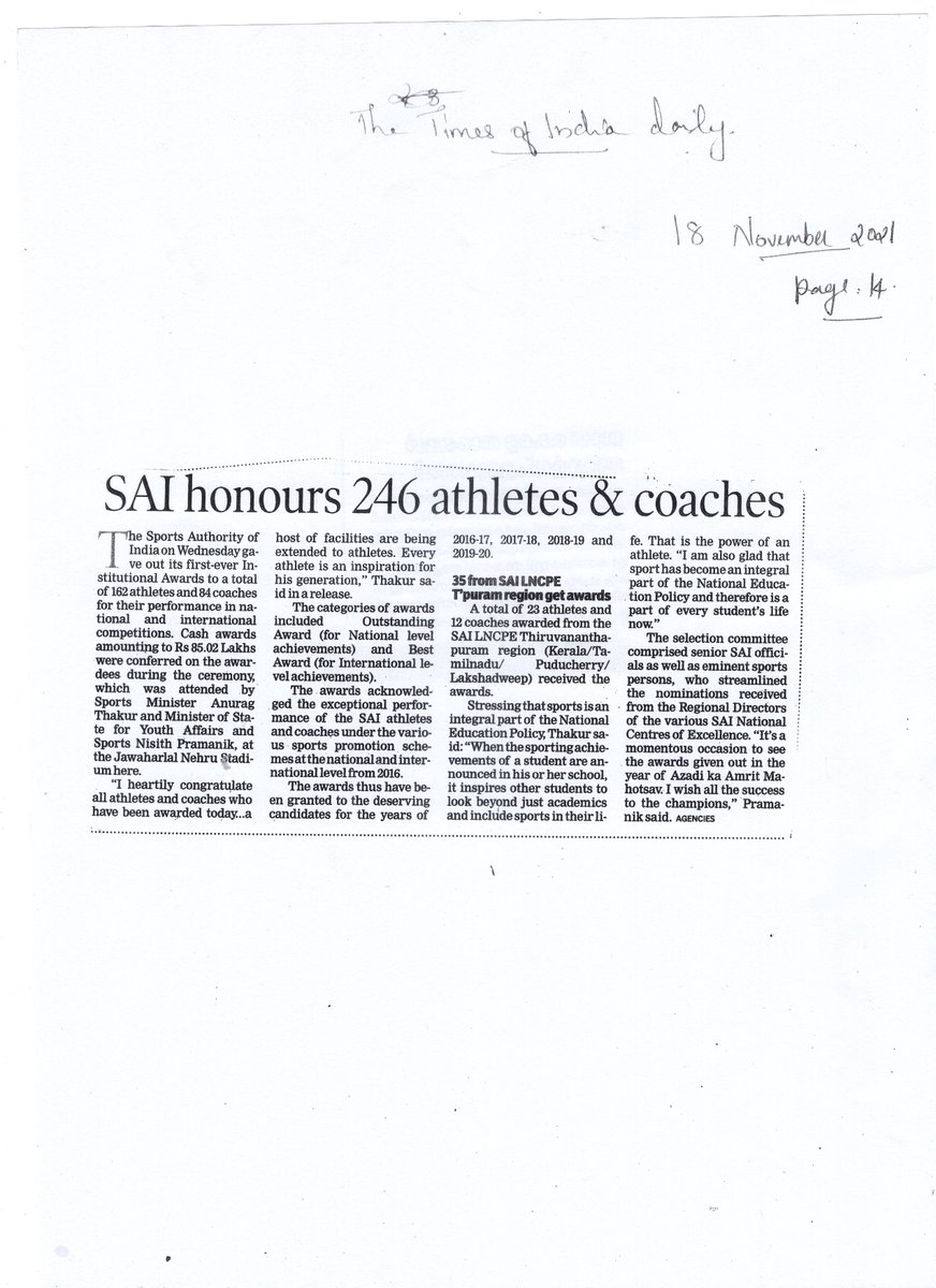 SAITrivandrum's tweet photo. #mediawatch
Articles from this morning's newspapers @timesofindia
First SAI Institutional Awards @Media_SAI LNCPE Trivandrum Region #SAIAwards https://t.co/1L74J5QBaJ