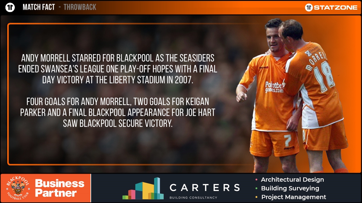 𝐓𝐡𝐫𝐨𝐰𝐛𝐚𝐜𝐤 𝐓𝐡𝐮𝐫𝐬𝐝𝐚𝐲. @BlackpoolFC defeated Swansea City 6-3 in 2007. Andy Morrell scored 4️⃣ goals as the Seasiders ended their opponent's play-off hopes. #UTMP @cartersbc