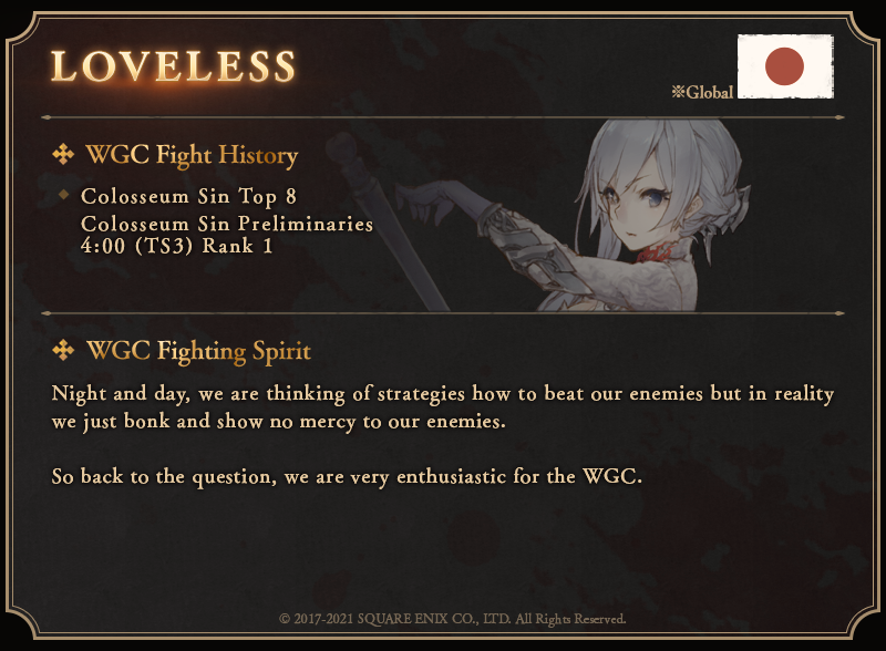 sinoaliceglobal's tweet photo. WGC Finals Participating Guilds Introduction Campaign [Target Post]
Guild Introductions 4/4

There's 150 Twilight Crystals/WGC in it for everyone if we get over 15,000 reactions on the posts, between both Global and Japan during the event period!

#SINoALICEGlobal #SINoALICEWGC https://t.co/tx8lgM5CpW
