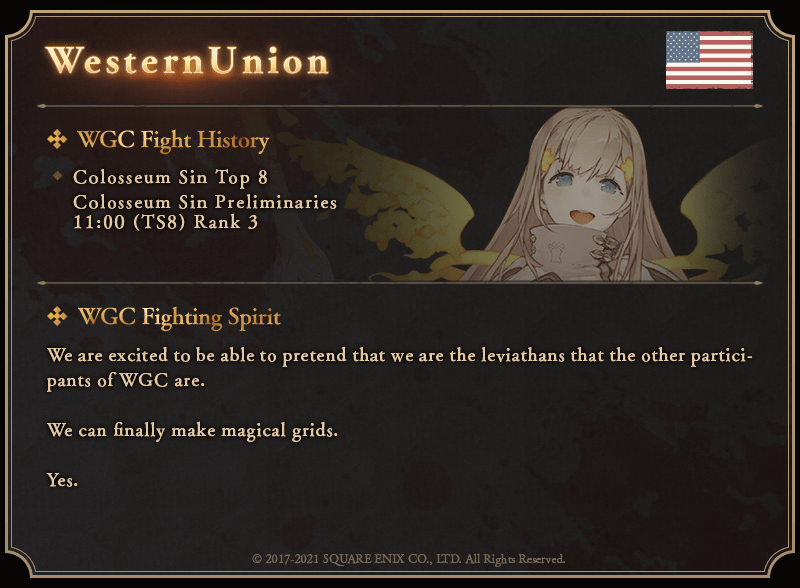 sinoaliceglobal's tweet photo. WGC Finals Participating Guilds Introduction Campaign [Target Post]
Guild Introductions 4/4

There's 150 Twilight Crystals/WGC in it for everyone if we get over 15,000 reactions on the posts, between both Global and Japan during the event period!

#SINoALICEGlobal #SINoALICEWGC https://t.co/tx8lgM5CpW