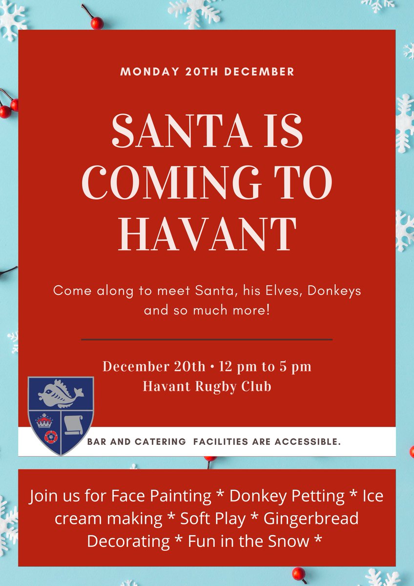 The most magical time of the year is approaching and #Santa is coming to Havant Rugby Club to meet all of the good boys &amp; girls before the big day! Come along to pet #donkeys, have ice cream, face painting, play in the #snow &amp; so much more tinyurl.com/2zyanzjx