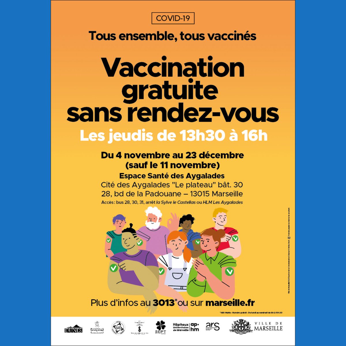 aphm_actu's tweet photo. ⚡️ C'est cet après-midi à #Marseille dans le 15ème arrondissement !👌 #Vaccination gratuite et sans rendez-vous, de 13h30 à 16h00, à l'Espace Santé AP-HM (📍Cité des #Aygalades, 28 boulevard de la Padouane). #vaccination #covid19 https://t.co/fp3fjjKhos