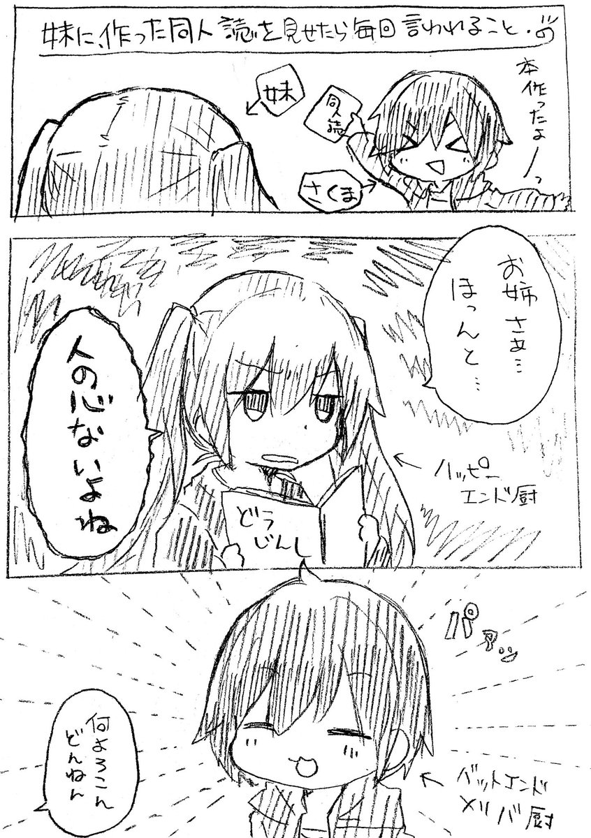 作った同人誌を妹に渡すと毎回褒めてくれるって言う落書き 