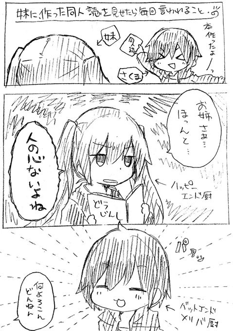 作った同人誌を妹に渡すと毎回褒めてくれるって言う落書き 