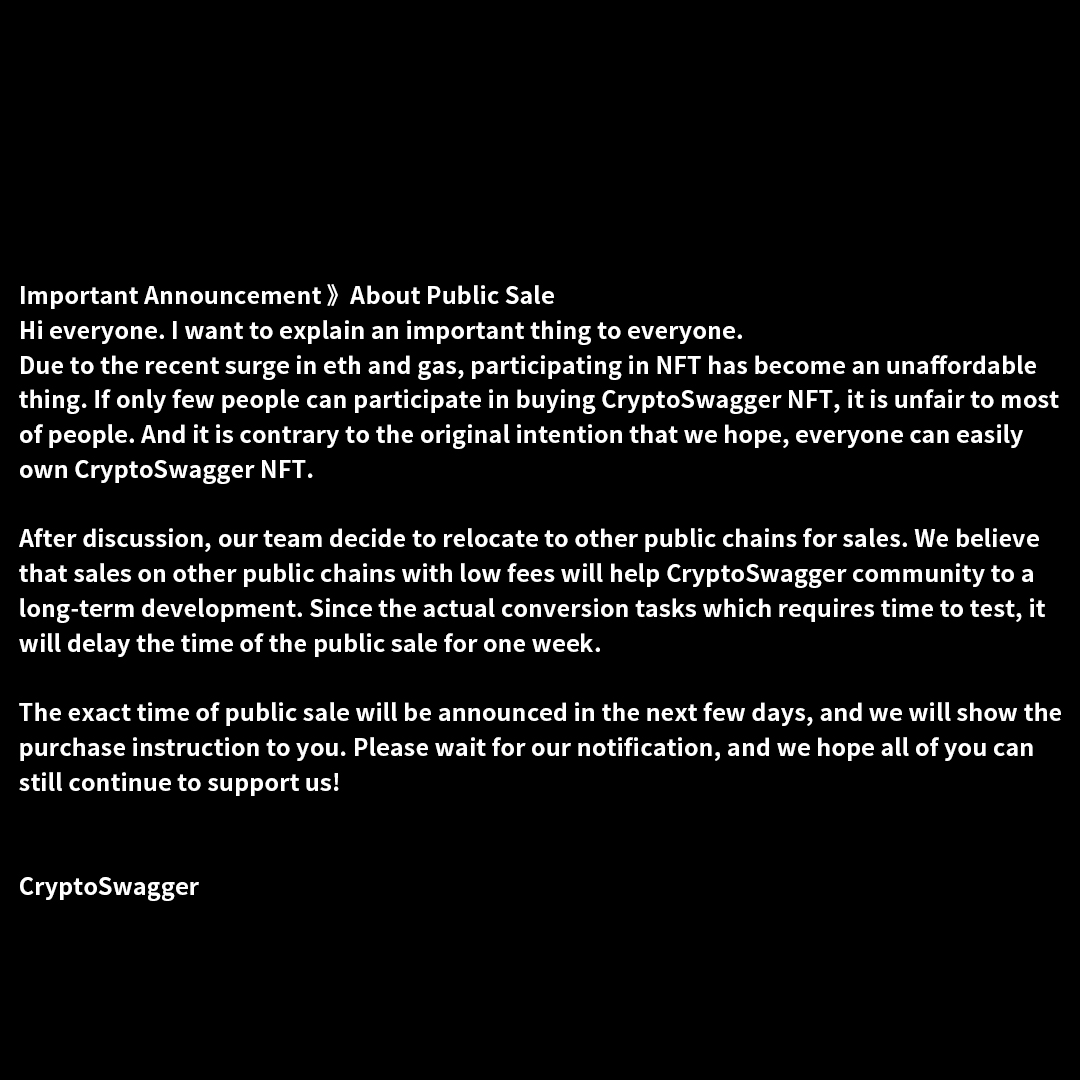 SwaggerNFT's tweet photo. Important Announcement 》About Public Sale https://t.co/T41hSf349X