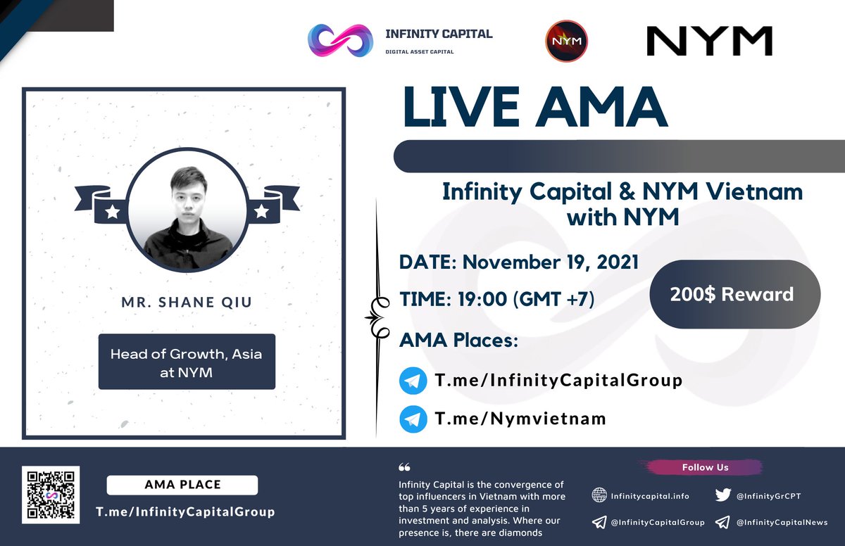 jackyminhtri's tweet photo. 📍Hello everyone,

Infinity Capital &amp; NYM Vietnam will hold an AMA with NYM @nymproject on 19 November at 12:00 PM UTC.

https://t.co/YusHYEnZfR

AMA Places👇
https://t.co/h1njlUVYWi
https://t.co/Vs8Mch5EwU

Like, Rt &amp; comment your questions below (Max 3 questions each person). https://t.co/DdQXlTOz2m