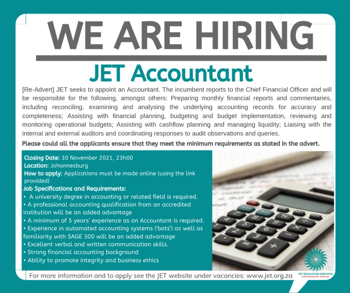 MindzSouth's tweet photo. Accountant

Closing Date: 30 November 2021
Location: Johannesburg

For more info and to apply, see: https://t.co/3O6225yvnc

#PutSouthAficansFirst
#GomoraMzanzi
#JobSeekersSA
@Nsfas
@unclewaffffles https://t.co/HoAxmdv53c
