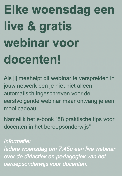 MetisOnderwijs's tweet photo. https://t.co/UCKKxFu8sA

Wekelijks een gratis live webinar op woensdag 7.45u
Een gratis e-book met 88 praktische tips
Schrijf je in, deel en word vriend van Metis Onderwijsadvies https://t.co/EFXNGs2eDs