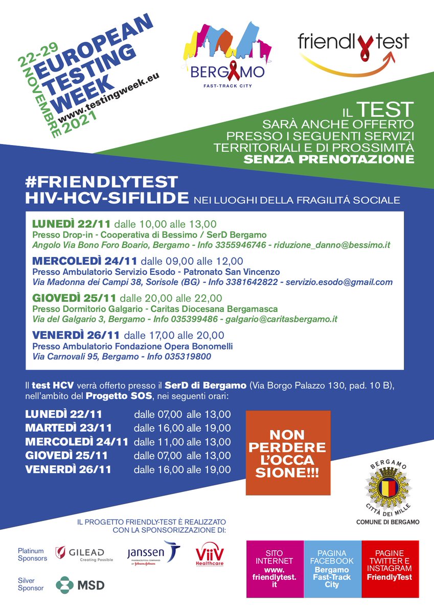 friendly_test's tweet photo. Aperture straordinarie del #CheckPointBG e diverse iniziative nei luoghi di fragilità sociale per offrire il #FriendlyTest, rapido anonimo e gratuito per #HIV #HCV e #Sifilide in occasione dell’#EuroTestWeek (22-29 novembre). Nella locandina i dettagli!👇
#BergamoFTC #FriendlyAPP https://t.co/L3FptqXvhG