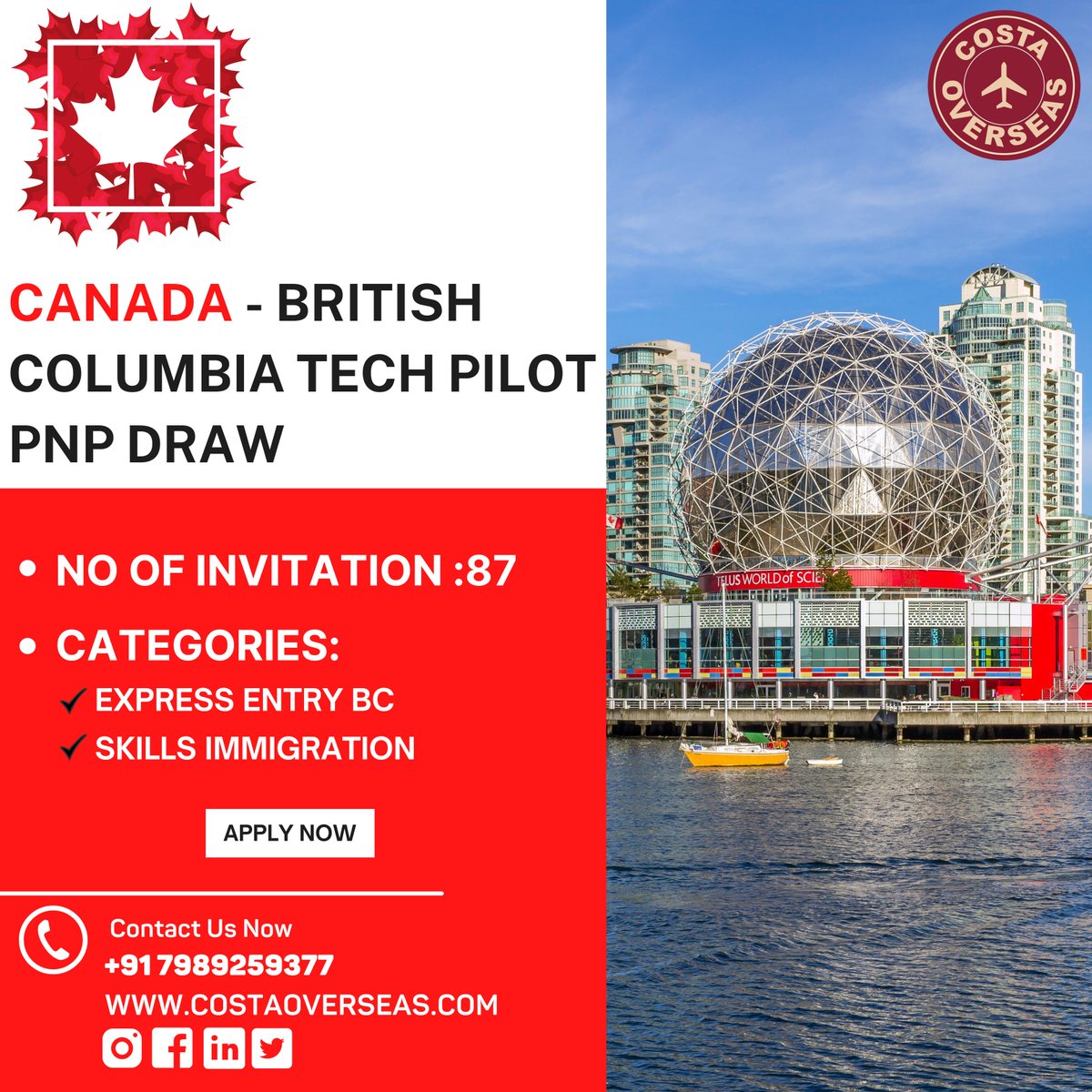 CostaOverseas's tweet photo. BC PNP Tech draw: 87 immigration invitations issued.
Visit Costa Overseas Today.
Reach out to us @ : +91 628 125 1125 or +91 798 925 9377
Visit our Website : https://t.co/0SqyN8YPxW
#canadaimmigration #canada #abroad #costaoverseas #immigration #oneofthebest #ifyouknowyouknow https://t.co/h6be4AsTay