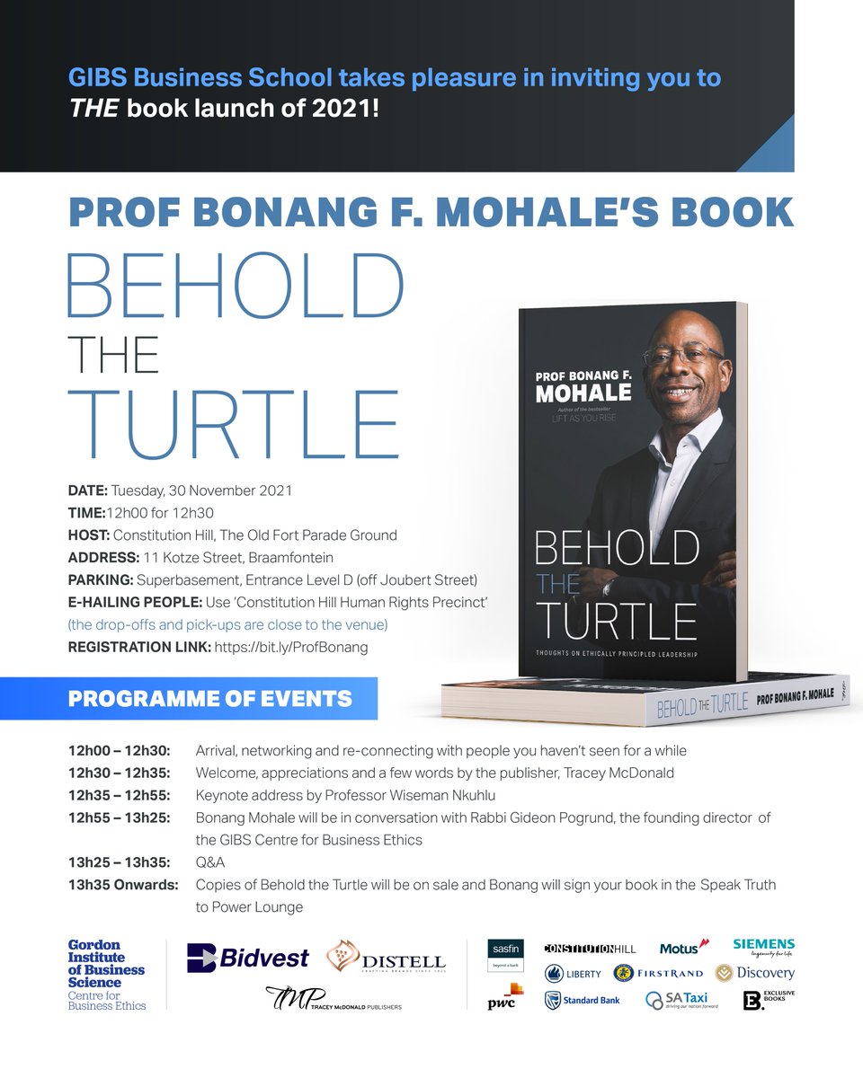 VisitConHill's tweet image. Join Gideon Pogrund, Director of the GIBS Centre for Business Ethics, &amp;amp; author, Prof Bonang Mohale, as they launch Prof Bonang’s new book on ethically principled leadership on 30 Novr 2021 at ConHill. Entry is Free, so book your spot here bit.ly/3Dt0lTB or RSVP directly-