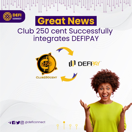 deficonnect's tweet photo. Great News!
Club250Cent has successfully integrated Defipay into its platform.

Deficonnectors on that platform, can now carry out all activities using DFC.

Happy times are finally here!
#dfc #deficonnecton https://t.co/icmiTkqF4d