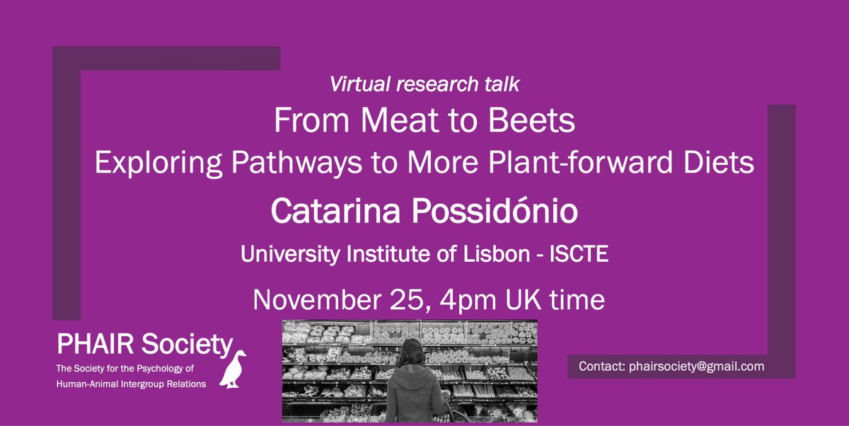 The next online research talk of the #PHAIRSociety is next week!
“From meat to beats: Exploring pathways to more plant-forward diets” by <a href="/CatarinaPossid1/">Catarina Possidónio</a>  🤩 
Thursday 25 Nov - 4pm UK time 
Drop us an email if you are not on our email list yet and want to join!