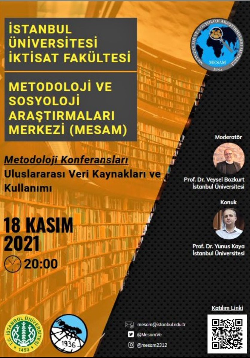 MESAM olarak düzenlediğimiz Metodoloji ve Sosyoloji Araştırmaları Konferansları'nın bu haftaki konuğu Prof. Dr. Yunus Kaya. Moderatörlüğünü Prof. Dr. Veysel Bozkurt'un yapacağı ve bu akşam saat 20'de yayınlanacak etkinliğimizin başlığı "Uluslararası Veri Kaynakları ve Kullanımı".