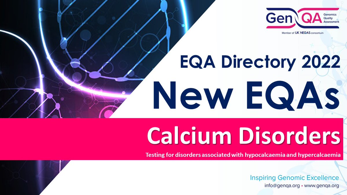 GenQA's tweet photo. New for 2022! #Calcium disorders EQA. This new EQA will include #hypercalcaemia and #hypocalcaemia e.g. Fam. Hypoparathyroidism, #Albright Hereditary Osteodystrophy, Pseudohypoparathyrodism, Hypocalciuric hypercalaemia. For the full list go to https://t.co/e935hqkioD
@UKNEQAS https://t.co/99IGeCfBbU