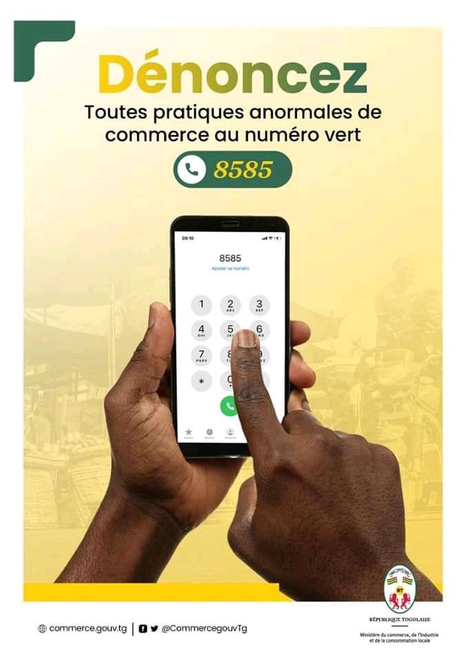 a_la_togolaise's tweet photo. #COMMERCE 

8585 voici le numéro vert destiné à toute pratique anormale de commerce dans tout le pays et dédié aux commerçants, usagers du service public et à tous les citoyens.
Vous remarquez une pratique anormale, vous savez quoi faire. 📞📞 
#alatogolaise #team228 https://t.co/5cT3ZOF3Fy