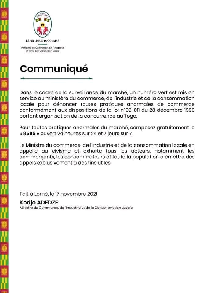 a_la_togolaise's tweet photo. #COMMERCE 

8585 voici le numéro vert destiné à toute pratique anormale de commerce dans tout le pays et dédié aux commerçants, usagers du service public et à tous les citoyens.
Vous remarquez une pratique anormale, vous savez quoi faire. 📞📞 
#alatogolaise #team228 https://t.co/5cT3ZOF3Fy