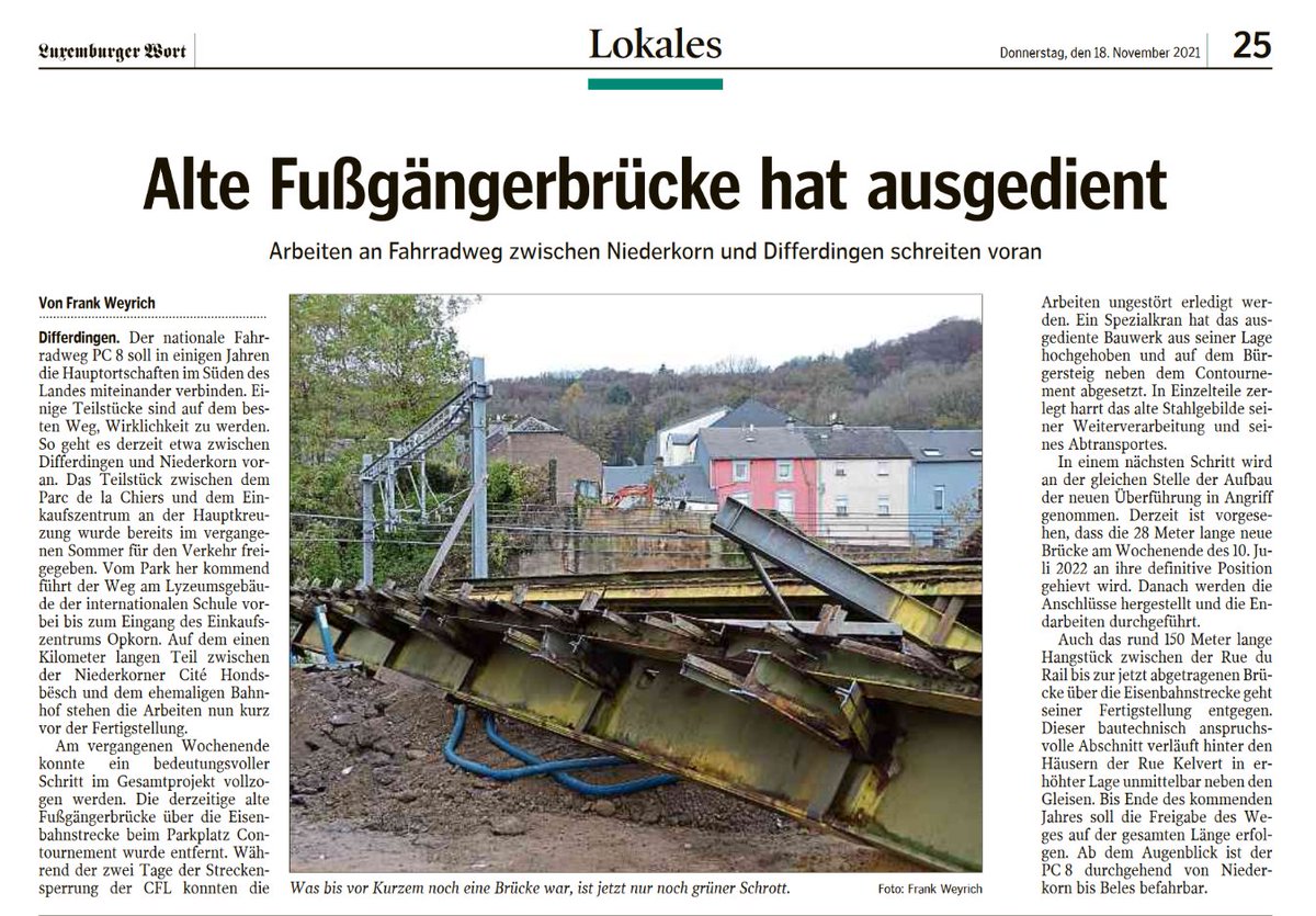 luxembourgize's tweet photo. #PC8Lux - bike paths in the South - puzzle piece between #Niederkorn & #Differdange is in the news: demolition of old pedestrian bridge before reconstruction of new infra https://t.co/PYFi4nlgtb