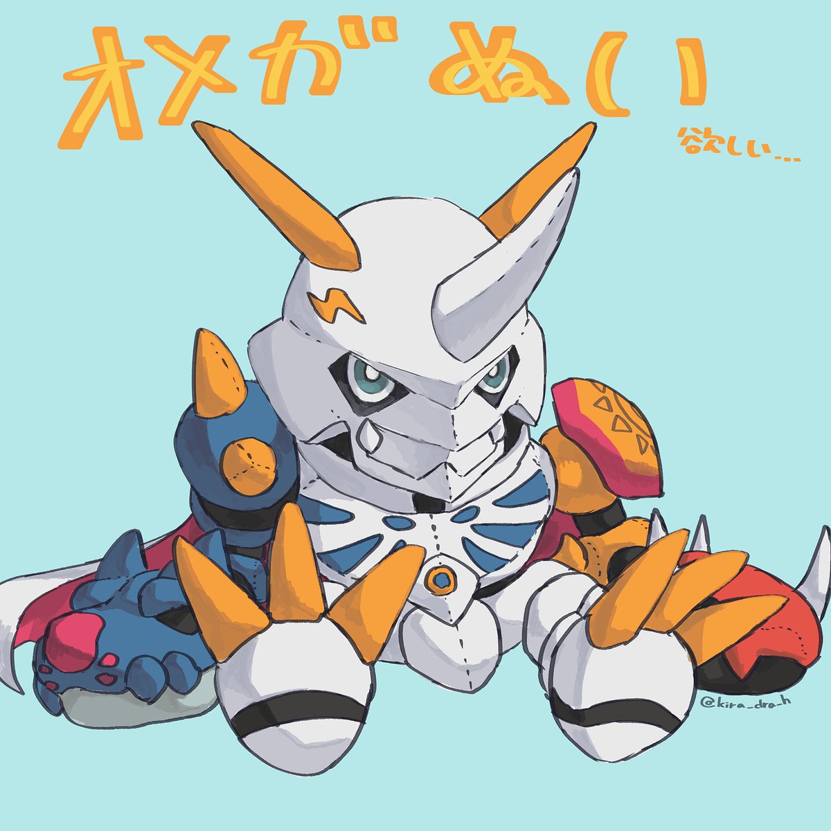 digimon (creature) no humans horns solo blue background sitting twitter username  illustration images