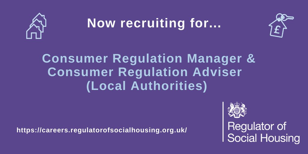 We are recruiting a Consumer Regulation Manager and a Consumer Regulation Adviser (Local Authorities). Both roles are based in Manchester, Leeds, Birmingham, Bristol or London. Applications close Wednesday 8 December: …reers.regulatorofsocialhousing.org.uk #ukhousing