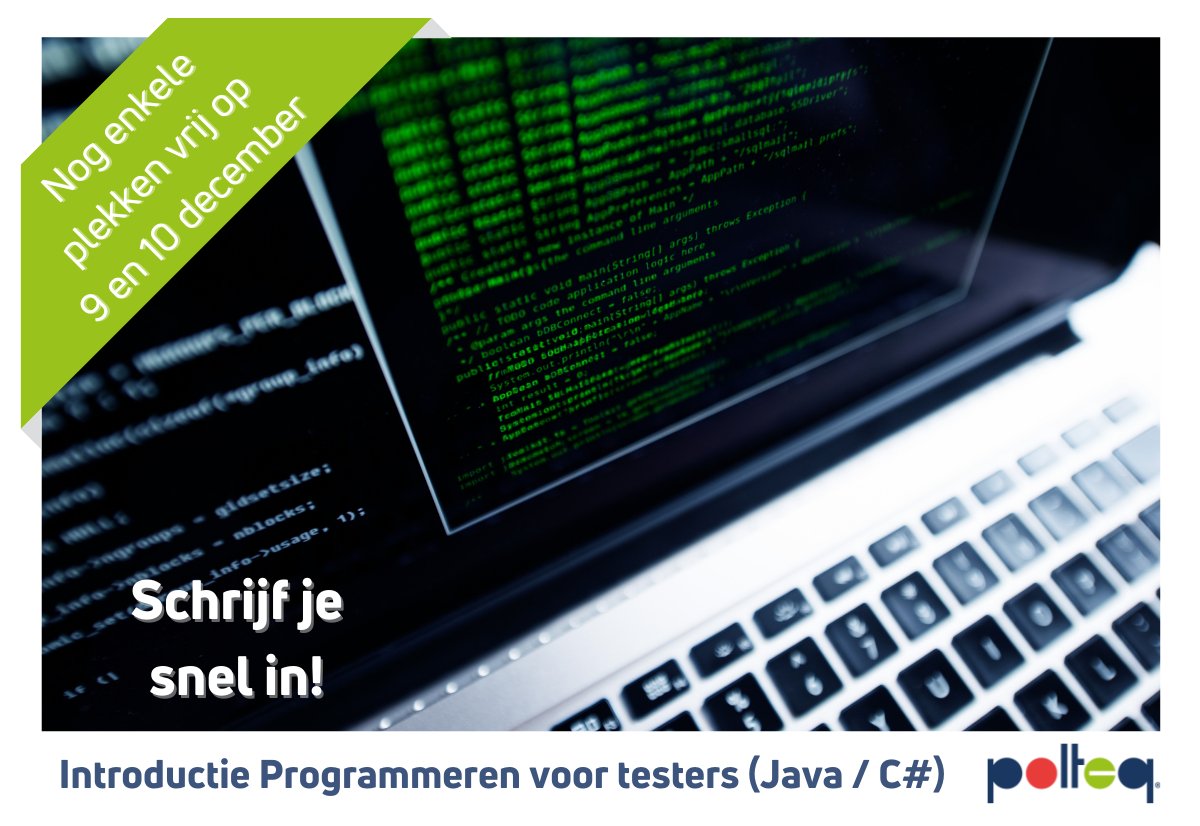 polteq's tweet photo. Voor de training "Introductie programmeren voor testers" op 9 en 10 december zijn nog enkele plaatsen beschikbaar. Deelnemers kunnen zelf aangeven of zij de oefeningen tijdens de training in Java of C# willen maken. Schrijf je in via onze website: https://t.co/Tyj9Xrs0YO https://t.co/hI49Rs9ASY