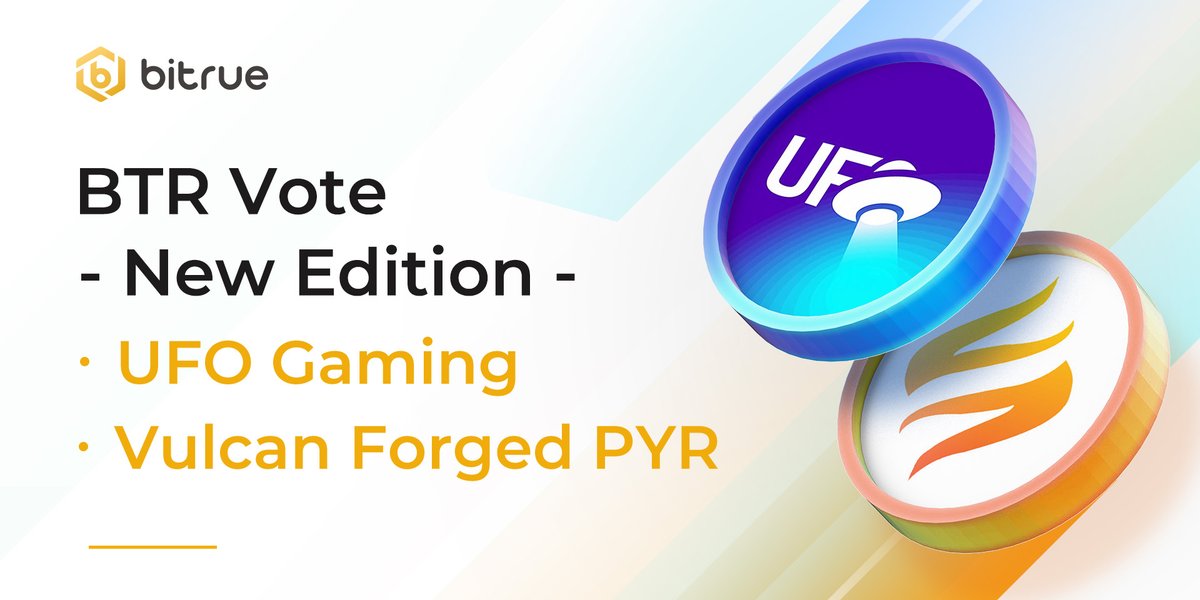 BitrueOfficial's tweet photo. New #BTRVote starts @ 11:00 UTC today! Use your $BTR to bring new coins to Bitrue. Deposits are open for all two &amp; $USDT pair will open for passing coins. Today you can vote for:
$PYR
@VulcanForged

$UFO
@TheUFOtoken

(No staking rewards this time) https://t.co/JQhJvp8FJB
