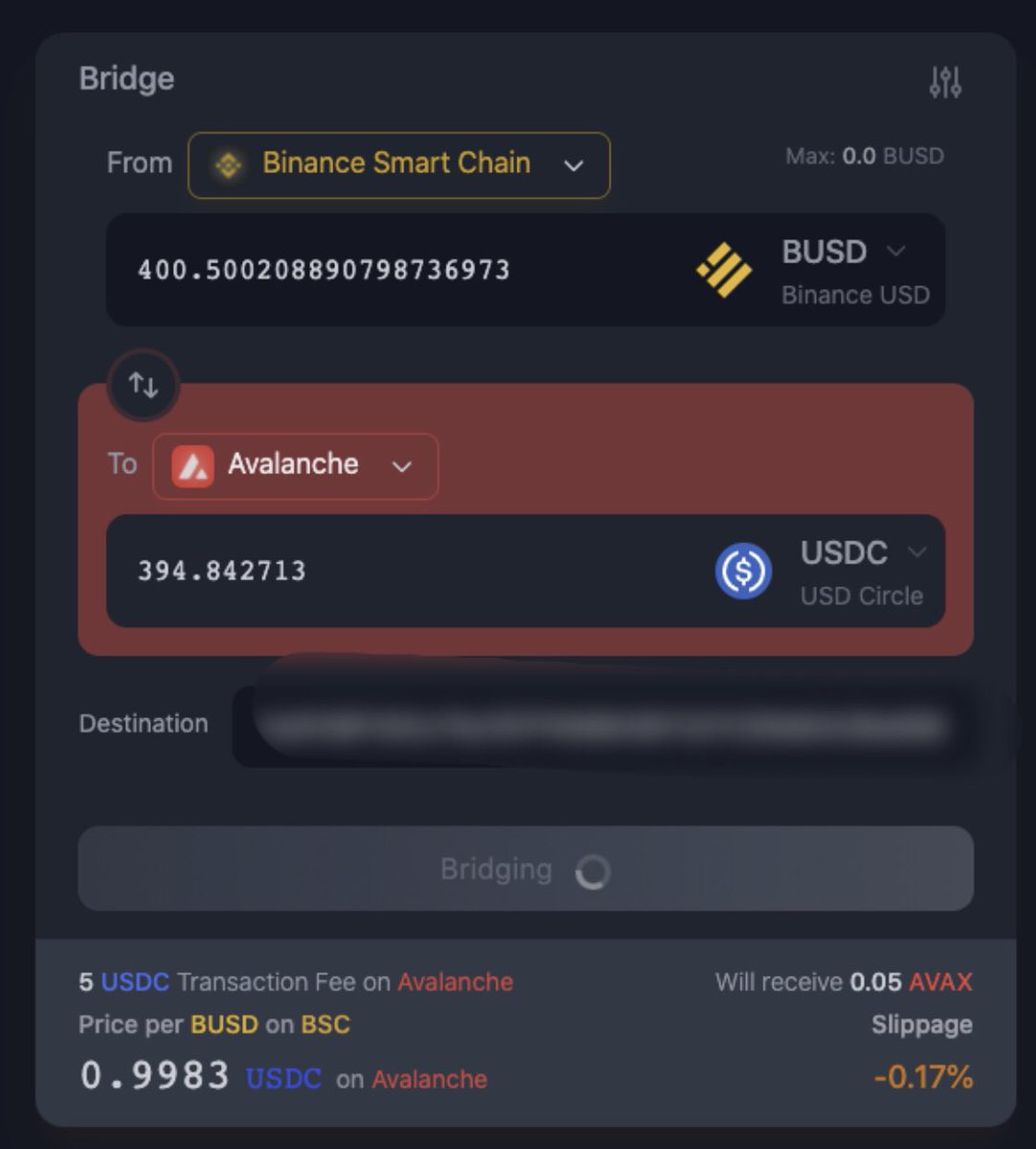 Nickrypto (@nickrypto_) on Twitter photo .<a href="/SynapseProtocol/">Synapse Labs</a>, a simple, complete and intuitive bridge.
Here is what you can do in 1 click:
- Bridge BUSD from BSC to Avalanche
- Receive USDC on Avalanche
- Change the destination address
They also gave me 5$ AVAX to make my first transaction on this wallet.
Insane. $SYN .<a href="/SynapseProtocol/">Synapse Labs</a>, a simple, complete and intuitive bridge.
Here is what you can do in 1 click:
- Bridge BUSD from BSC to Avalanche
- Receive USDC on Avalanche
- Change the destination address
They also gave me 5$ AVAX to make my first transaction on this wallet.
Insane. $SYN