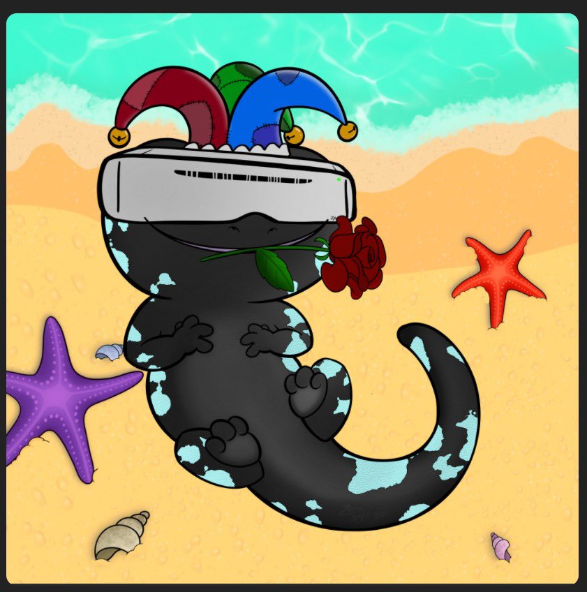 Thetrueastwest's tweet photo. check out my virtual lover boy clowning around on the beach #hatchedmander @SolamandersNFT https://t.co/rAYQ0QChkB