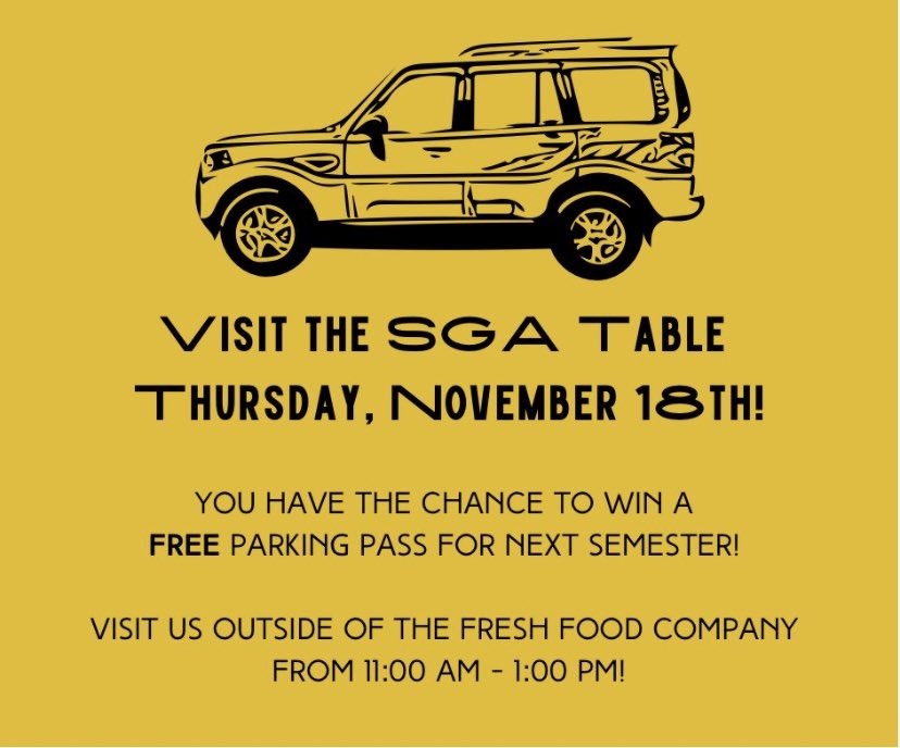 SGA_USM's tweet photo. Be sure to stop by the SGA table outside of the Fresh today to enter into a drawing for a FREE parking pass next semester! #CreedWeek #SMTTT https://t.co/STlzeD3tfp