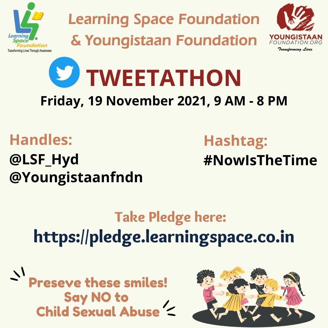 Join us for tweetathon tomorrow to break silence around child sexual abuse and spread awareness on personal safety of children
With @YoungistaanFndn
#NowIsTheTime
#ChildSafetyWeek
@sekharkammula
@Arpan_CSA @Darkness2Light @BembalaS @In_visiblescars @WomComMatters @NGOProtsahan