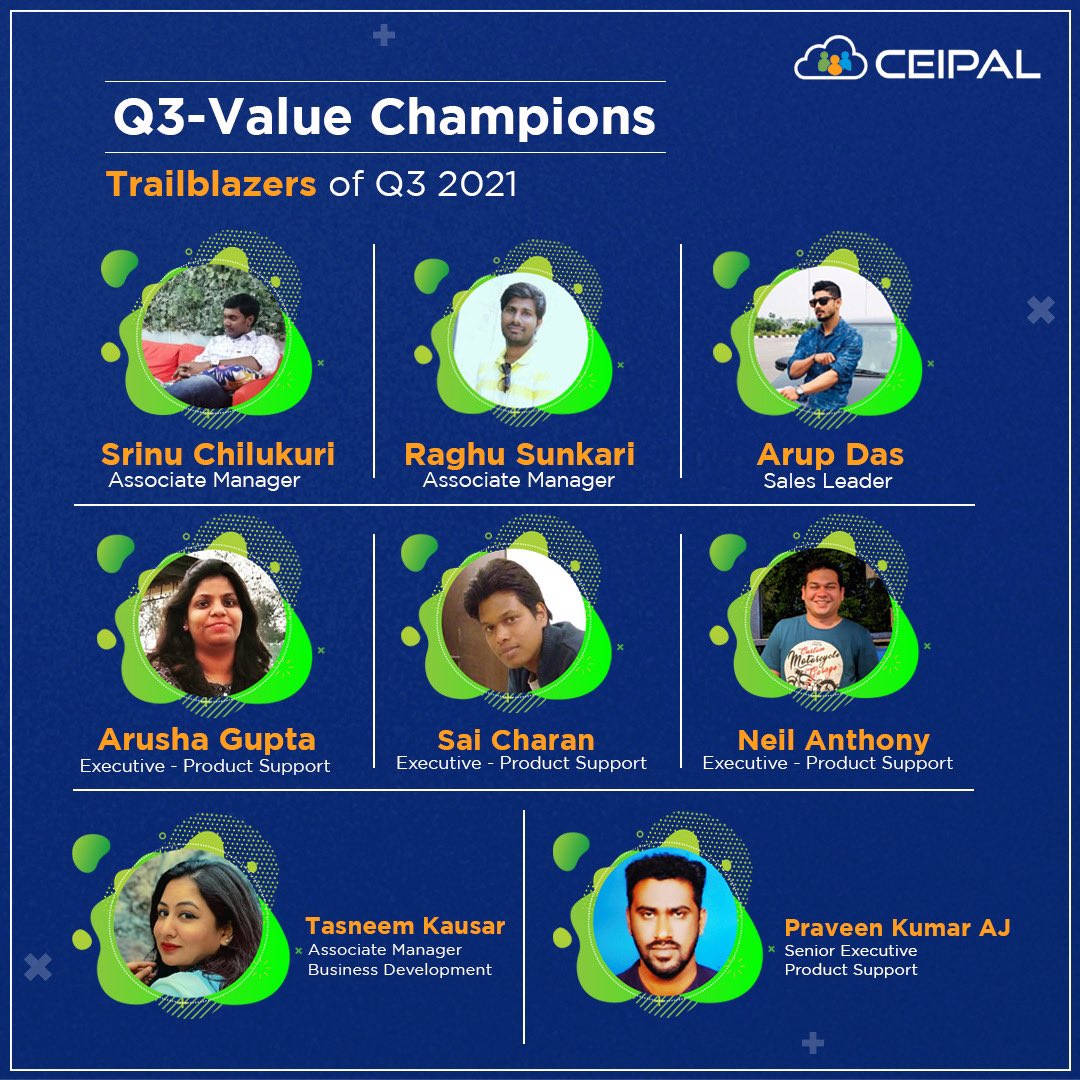 CeipalCorp's tweet photo. Congratulations to all the Trailblazers of Quarter 3. Kudos to all who shined so brilliantly by displaying our #CEIPALIAN values over the course of the entire quarter! We are proud to have you on #TeamCEIPAL! https://t.co/wiYHJJ1Mt6