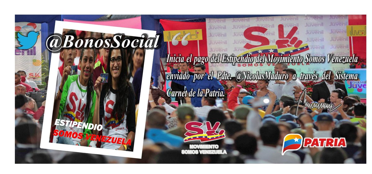 Hoy #18Nov inicia el pago del Estipendio del Movimiento #SomosVenezuela a través del Sistema <a href="/CarnetDLaPatria/">Carnet de la patria</a> enviado por nuestros Pdte. <a href="/NicolasMaduro/">Nicolás Maduro</a>

Monto en Bs. 3,50

#ViviendaSoluciónEnRevolución
<a href="/Mippcivzla/">MIPPCI</a> <a href="/ViceVenezuela/">Vicepresidencia Vzla</a>