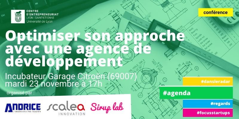 Centre d'Entrepreneuriat Lyon Saint-Etienne (@ce_lyon_se) on Twitter photo Conférence - Approche avec une agence de développement
Le <a href="/CE_Lyon_SE/">Centre d'Entrepreneuriat Lyon Saint-Etienne</a> avec #Andrice, #ScaleaInnovation et <a href="/siruplab/">Sirup lab</a> vous proposent un conférence le mardi 23 novembre à 17h (environ 2h) à l'incubateur du Garage Citroën (69007)
Inscrivez-vous ici : bit.ly/3nr6Iku Conférence - Approche avec une agence de développement
Le <a href="/CE_Lyon_SE/">Centre d'Entrepreneuriat Lyon Saint-Etienne</a> avec #Andrice, #ScaleaInnovation et <a href="/siruplab/">Sirup lab</a> vous proposent un conférence le mardi 23 novembre à 17h (environ 2h) à l'incubateur du Garage Citroën (69007)
Inscrivez-vous ici : bit.ly/3nr6Iku