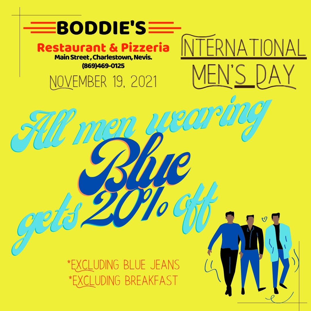 GenderAffairsNe's tweet photo. Real MEN Eat Real FOOD! So, men, join our friends at Boddie's Restaurant for Great Food at a price just for You! 
Remember to #ShowUpInBlue #InternationalMensDay #MenInBlue https://t.co/yvYQm2pc7F