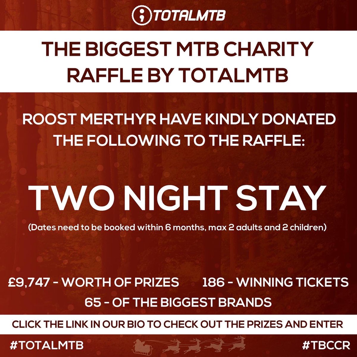 TotalMTB_'s tweet photo. .@RoostMerthyr have kindly donated the following:

Two Night Stay

(Dates need to be booked within 6 months, max 2 adults and 2 children)

To the BIGGEST MTB CHARITY raffle 🙌

£9,747 - worth of prizes
186 - winning tickets
65 - of the biggest brands involved https://t.co/uZczUmt5x7