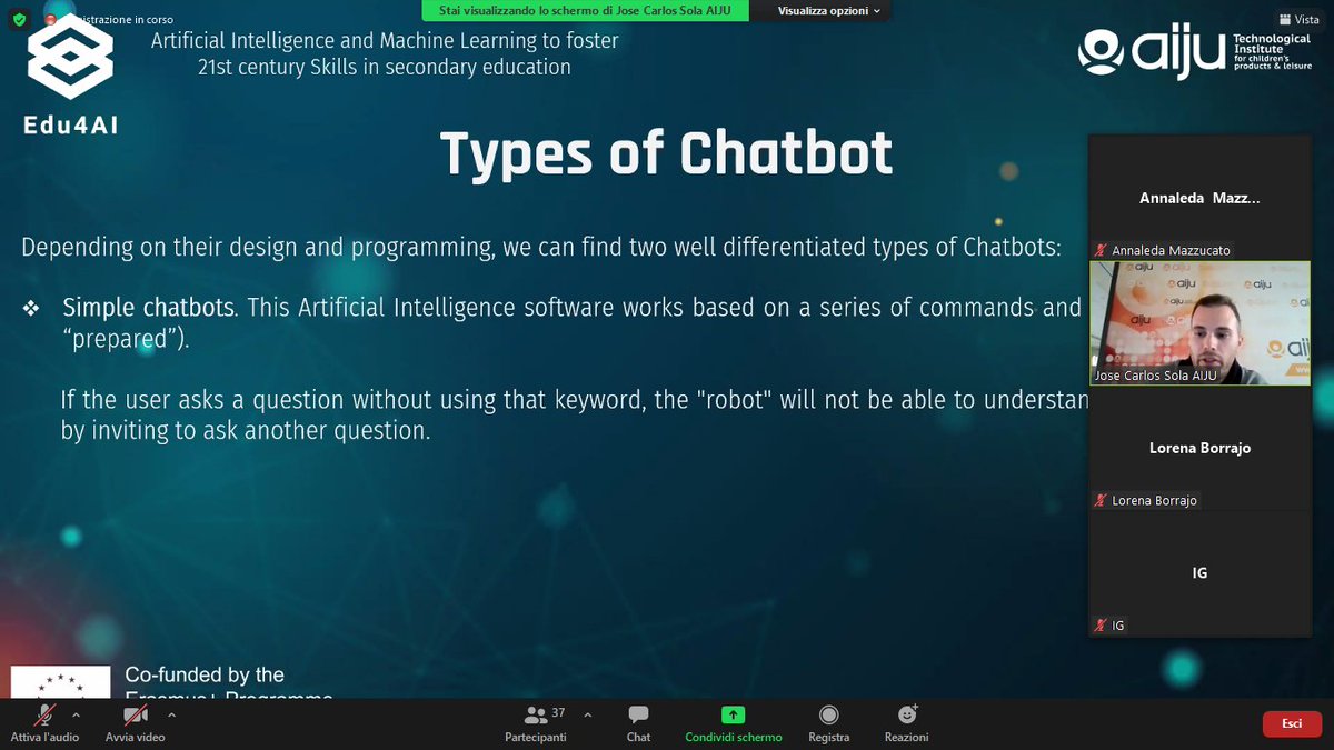AnnaledaM's tweet photo. #Edu4AI #teachers training day 3: we develop a conversational classroom assistant with @josecarlossola @AIJU_Tecnologi @fmdigitale @EdumotivaLab @santrocalcoi @kmkpad #Chatbot #ArtificialIntelligence #naturalanguageprocessing https://t.co/z8iRMnd0h2