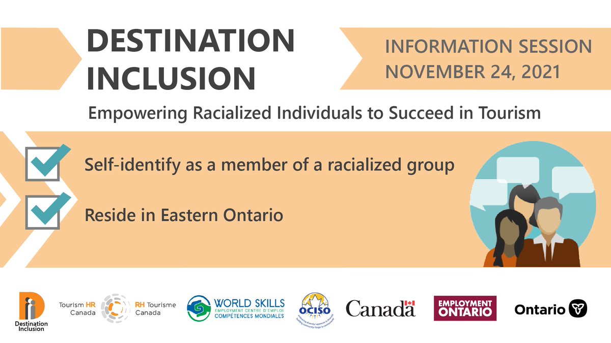 TourismHRCanada's tweet photo. Join the #DestinationInclusion team to learn more about this free tourism training + mentoring program in Eastern Ontario!
๐ Wednesday, November 24
๐9:00 - 10:30 AM ET
๐Zoom registration link: https://t.co/zXnQXL9KAM
Thanks to our partners @WorldSkillsOtt & @OttawaOCISO. https://t.co/wBepL5RbwO