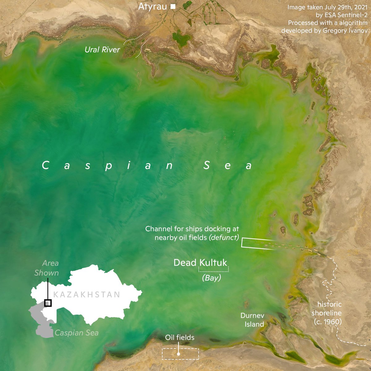 Cchurchili's tweet photo. #30DayMapChallenge (water) a map of where water should be, but isn't: the receding coastline of the #Caspian Sea is shown vividly in this image from #Sentinel2. Big thanks to @ksituan for helping me interpret some of the oil infrastructure in the area. https://t.co/S4jflBOHsO