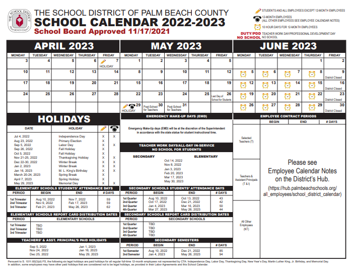 The School District of Palm Beach County on Twitter: "The School Board  approved the academic calendar for the 2022-2023 school year. The first day  of school will be August 10, 2022, with