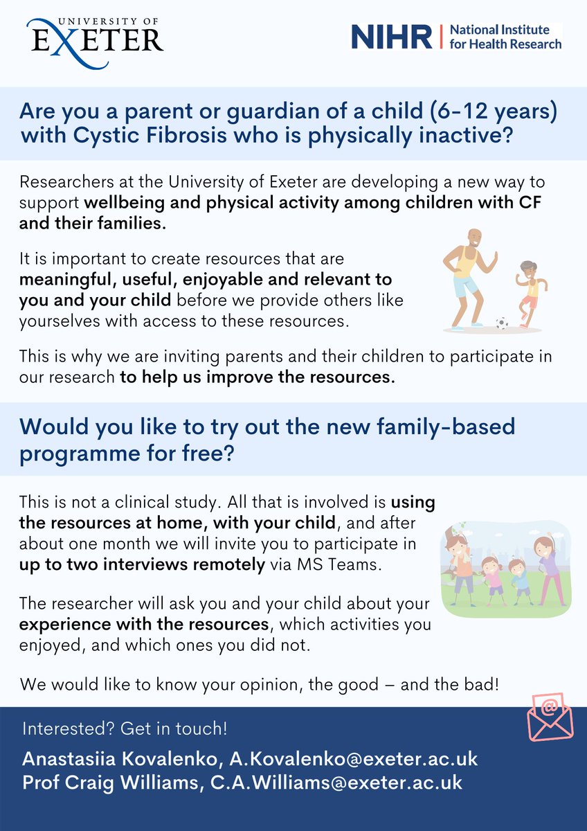 YouthActiveUnlimited (@cf_activeyouth) on Twitter photo 📢📢Are you a parent/guardian of a child (6-12 years) with #CF?
We are offering a great opportunity to try out a new family-based programme & get involved in #cysticfibrosis #research!
Get in touch! forms.office.com/r/Xk52UCwg7L or email directly: a.kovalenko@exeter.ac.uk
Please RT! 📢📢Are you a parent/guardian of a child (6-12 years) with #CF?
We are offering a great opportunity to try out a new family-based programme & get involved in #cysticfibrosis #research!
Get in touch! forms.office.com/r/Xk52UCwg7L or email directly: a.kovalenko@exeter.ac.uk
Please RT!