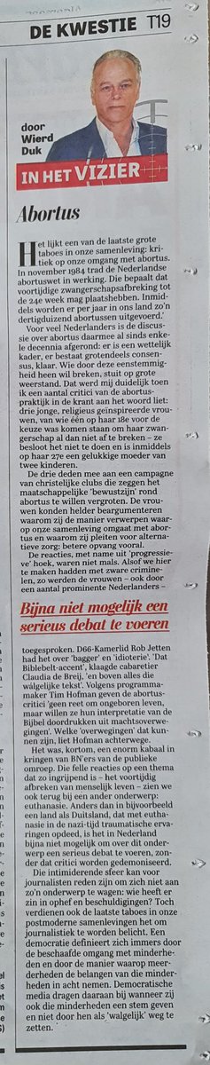 Dank, <a href="/wierdduk/">Wierd Duk ܦܝܪܬ ܕܘܟ</a> en <a href="/telegraaf/">De Telegraaf</a> voor deze mooie column. Het blijft voor mij een onverdraaglijke gedachte dat levensvatbare kinderen van 24 weken oud in stukken gesneden mogen worden en deze zonden worden hard beschermd door zich daarmee diskwalificerende partijen en mensen... Dank!