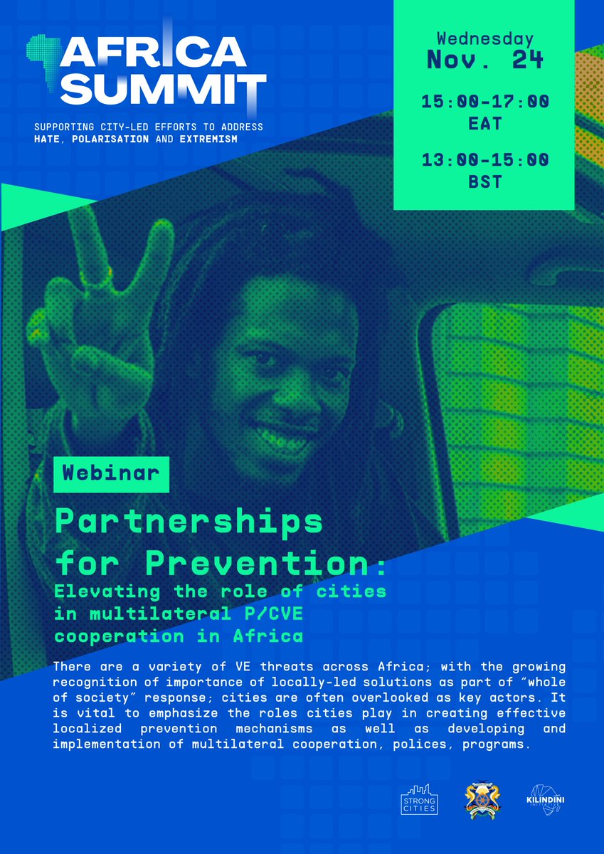 Strong_Cities's tweet photo. Session 1: Partnerships for Prevention: Elevating the role of cities in multilateral P/CVE cooperation in Africa.
#StrongCities #AfricaSummit @MombasaCountyKe @K_Coalition 

Wednesday November 24 15:00 – 17:00 EAT / 13:00 – 15:00 BST

Sign up here: https://t.co/9Q50at1FM1 https://t.co/kXx3SM1nIv