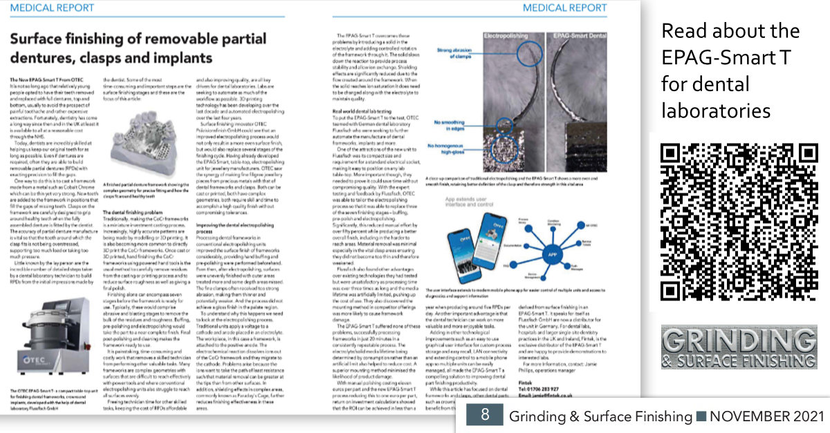 Thank you Grinding &amp; Surface Finishing mag for featuring the OTEC EPAG-Smart T for improving the quality &amp; productivity of surface finishing #dental parts. Read the full feature bit.ly/3oHCxF3 Order your EPAG-Smart T in the UK 01706 85 5819 bit.ly/3mhD7tI #d ...