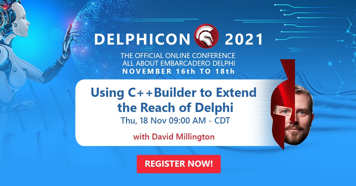EmbarcaderoTech's tweet image. #DelphiCon2021 starts in 30 minutes! Join today&apos;s first speaker, David Millington, and learn what C++Builder can offer for your #Delphi app and how you can easily use it from what feels like native Delphi code. embt.co/3nXQ5fB @cpp_delphi_dave #developers