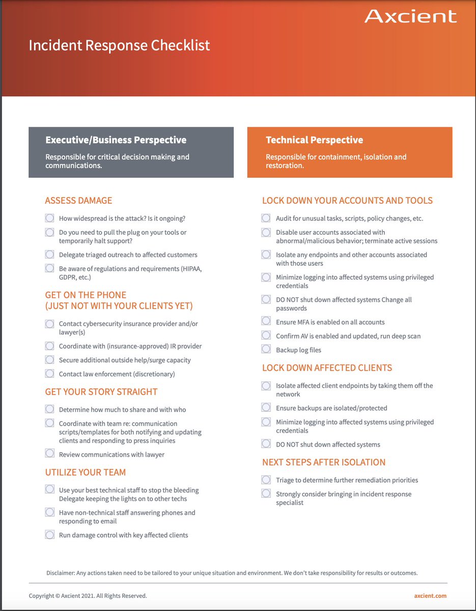 jonathanscrowe's tweet photo. Love it when good advice gets shared, but love when sources get cited even more.

Just came across this IR checklist from @Axcient that looks, well, identical to the one @KyleHanslovan and I put together for a @NinjaRMM &amp; @HuntressLabs webinar back in 2019. No citation ☹️ https://t.co/5ZBEH2iBHD