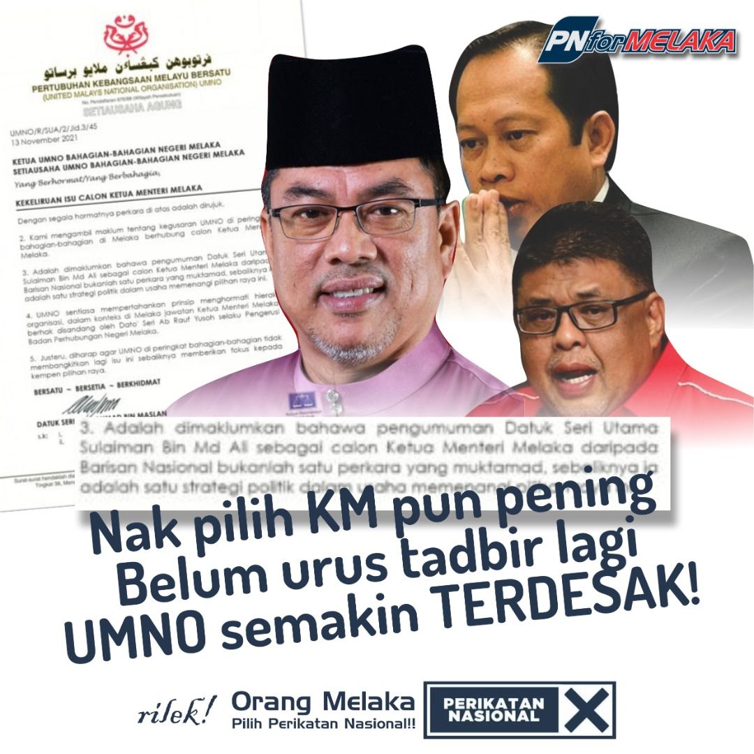 PNForMelaka's tweet photo. UMNO benar-benar celaru. Urus ahli sendiri pun masalah besar. Nak lantik ketua menteri pun pening.  Masing- masing ada kepentingan peribadi nak diperjuangkan. Inilah masalah besar UMNO. Tak reti nak berjuang bersama-sama. 
Tolak UMNO! 

#MelakaPilihPN 
#TolakBN 
#MelakaSayangAbah https://t.co/IdvLg6a34w