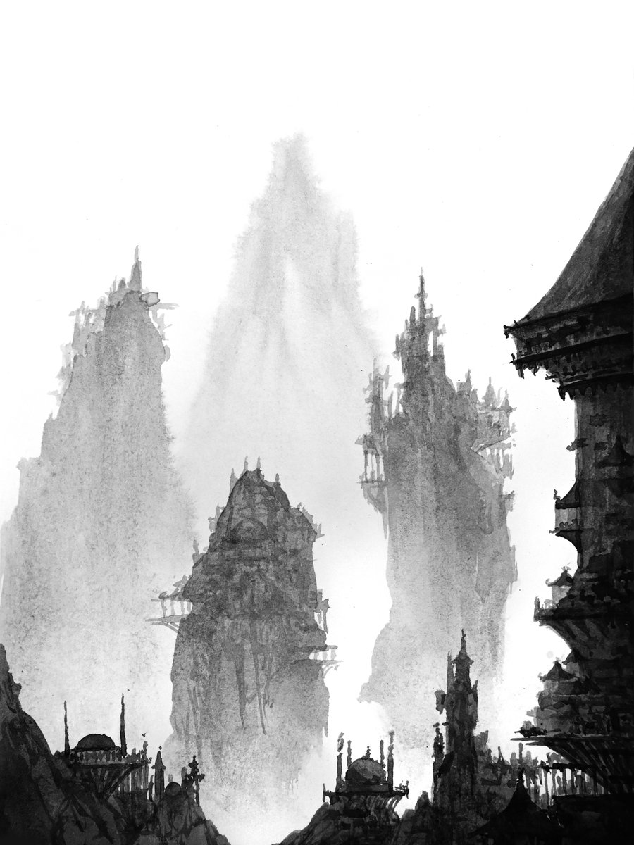 I made a quick little ink painting concept for the city of Jrusar! Original + prints available on my website ~ vraix.art/shop

#art #fanart #dnd #criticalrole #criticalroleart #criticalrolefanart