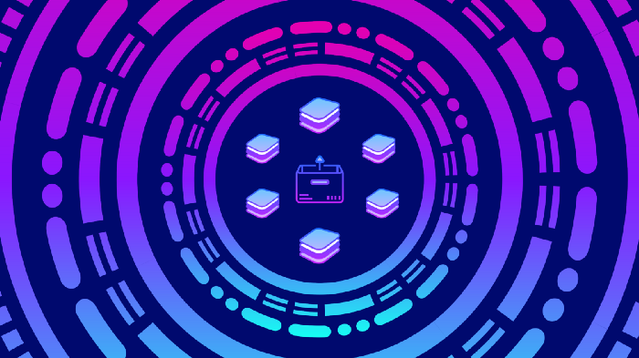 A graphic showing a box circled by stacked files to represent unpacking. There are various rectangular and circular shapes framing the graphic which is hued in a bright blue to deep purple.